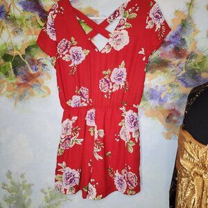 As U Wish Womens Romper Playsuit Red Floral Lined V Neck Elastic